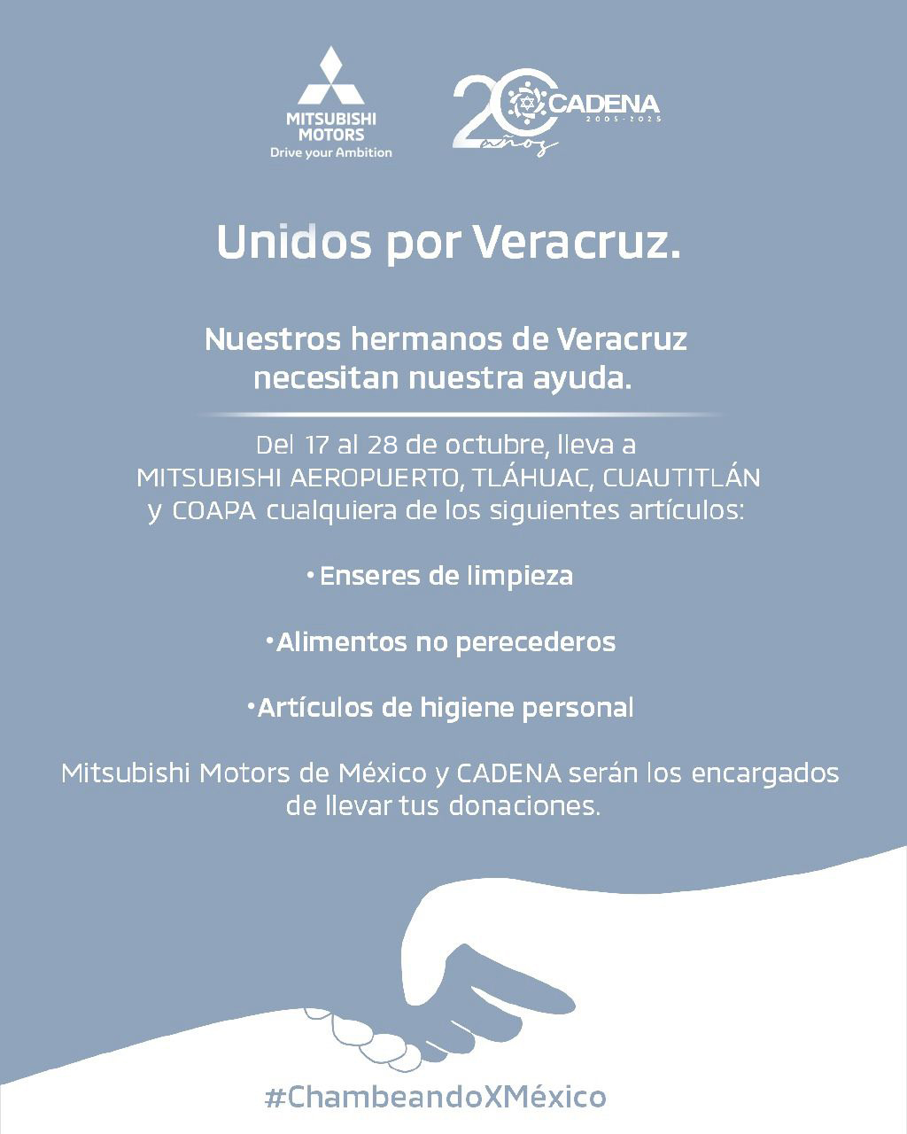 Mitsubishi Motors México colabora con CADENA y Zadrigman para llevar ayuda humanitaria a comunidades de Veracruz, Puebla e Hidalgo.