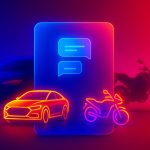 Ilustración de un auto y una moto con un panel digital al centro que representa un asistente con IA para elegir entre ambos.