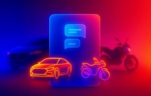 Ilustración de un auto y una moto con un panel digital al centro que representa un asistente con IA para elegir entre ambos.