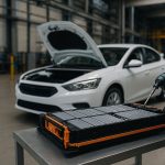 Batería de auto eléctrico en proceso de desmontaje dentro de una planta industrial