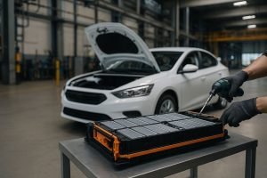 Batería de auto eléctrico en proceso de desmontaje dentro de una planta industrial