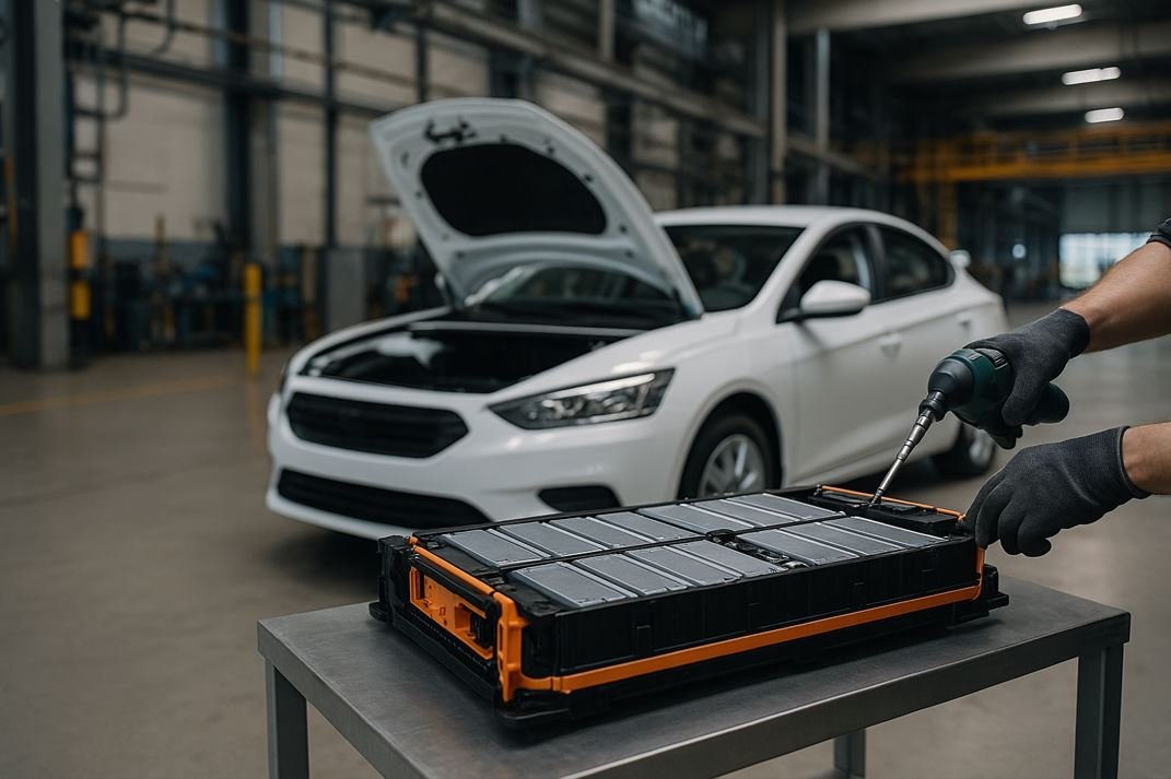 Batería de auto eléctrico en proceso de desmontaje dentro de una planta industrial