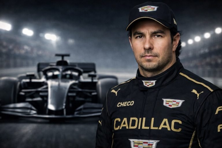 Sergio Checo Pérez frente a un monoplaza de Fórmula 1 en imagen ilustrativa de su regreso en 2026 con Cadillac