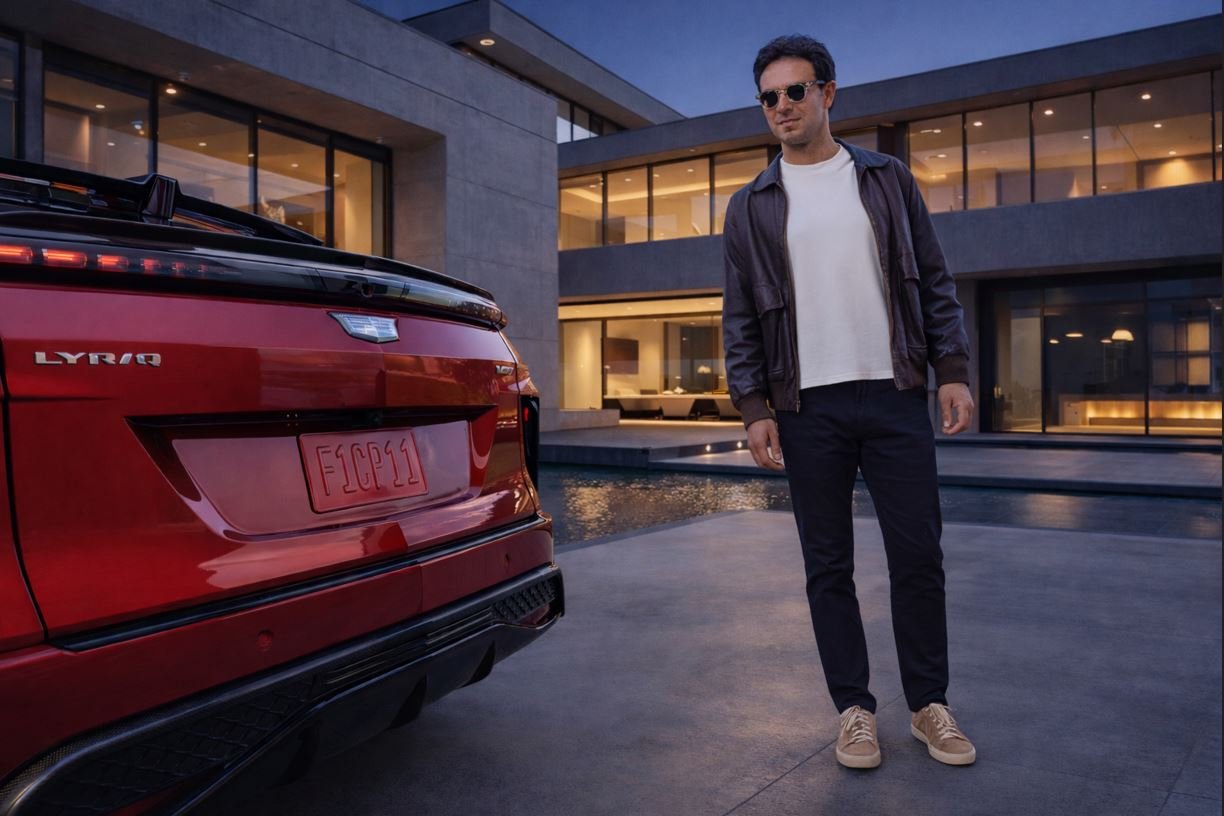 Cadillac LYRIQ-V eléctrica con Sergio Checo Pérez durante la grabación del comercial global