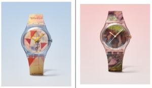 Cuatro relojes de la colección Swatch x Guggenheim inspirados en obras de Degas, Pollock, Klee y Monet, presentados sobre fondos de color pastel.