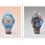 Cuatro relojes de la colección Swatch x Guggenheim inspirados en obras de Degas, Pollock, Klee y Monet, presentados sobre fondos de color pastel.