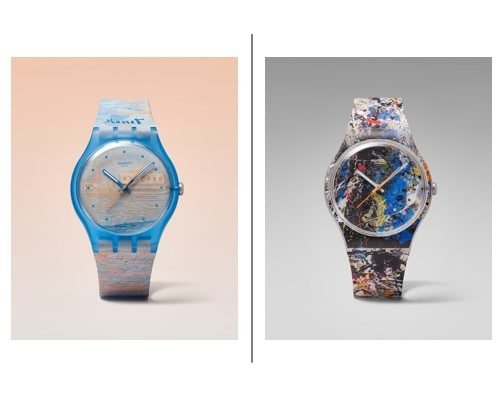 Cuatro relojes de la colección Swatch x Guggenheim inspirados en obras de Degas, Pollock, Klee y Monet, presentados sobre fondos de color pastel.