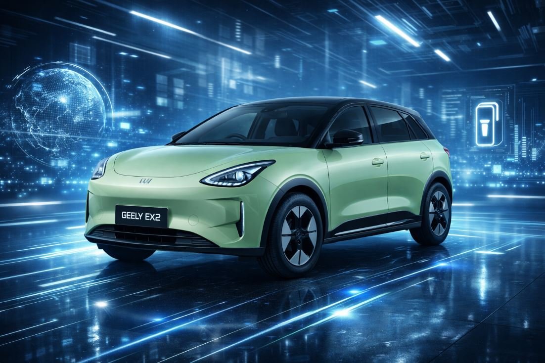 Geely EX2 color verde con techo negro en escenario tecnológico con gráficos y luces azules