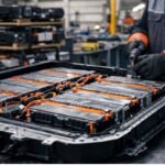 Batería de auto eléctrico desmontada en centro industrial para reciclaje en México