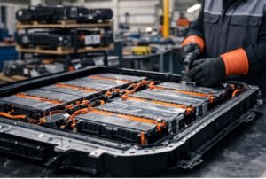 Batería de auto eléctrico desmontada en centro industrial para reciclaje en México