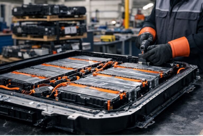 Batería de auto eléctrico desmontada en centro industrial para reciclaje en México