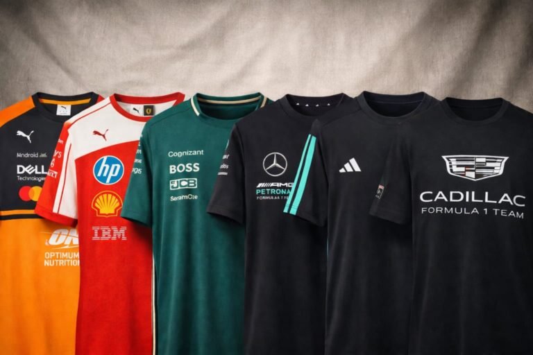 Ropa de merchandising de equipos de Fórmula 1 con chamarras, gorras y sudaderas de Ferrari, McLaren, Mercedes, Cadillac y Aston Martin.