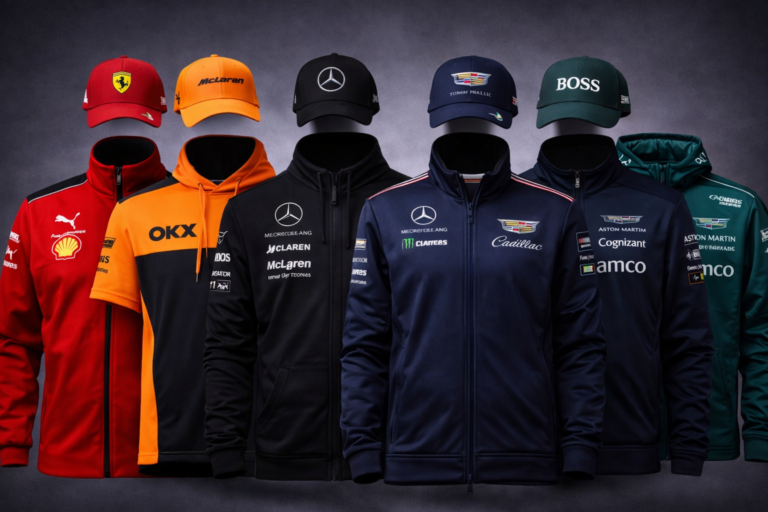 Ropa de merchandising de equipos de Fórmula 1 con chamarras, gorras y sudaderas de Ferrari, McLaren, Mercedes, Cadillac y Aston Martin.