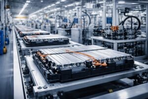 Producción de baterías para autos eléctricos en fábrica moderna durante la reducción de costos en la industria EV