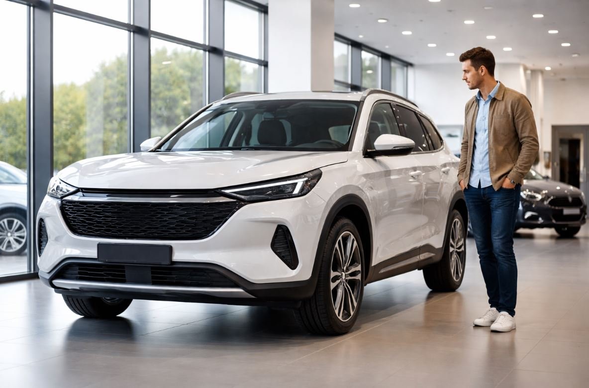 Persona observando una SUV en concesionario al considerar comprar un auto chino en México