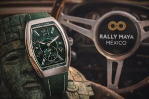 Reloj Franck Müller Edición Especial Rally Maya México 2026 con carátula verde jade y caja Vanguard Slim.