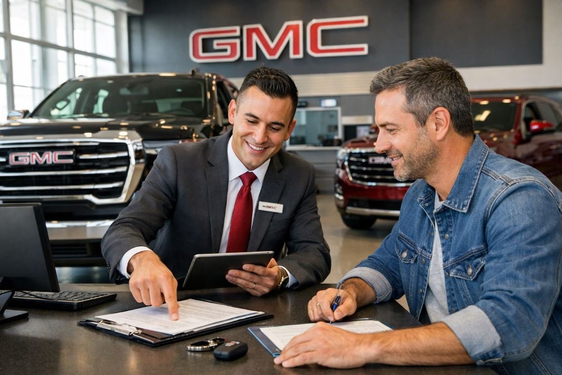 Cliente siendo atendido por asesor en agencia GMC durante proceso de compra en México