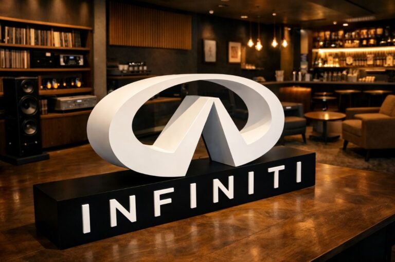 Logo iluminado de Infiniti durante evento en un Hi-Fi listening bar con equipo de audio y ambiente de bar