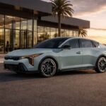 Kia K4 sedán de color verde claro estacionado en carretera abierta con diseño fastback y luces LED frontales