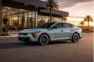 Kia K4 sedán de color verde claro estacionado en carretera abierta con diseño fastback y luces LED frontales