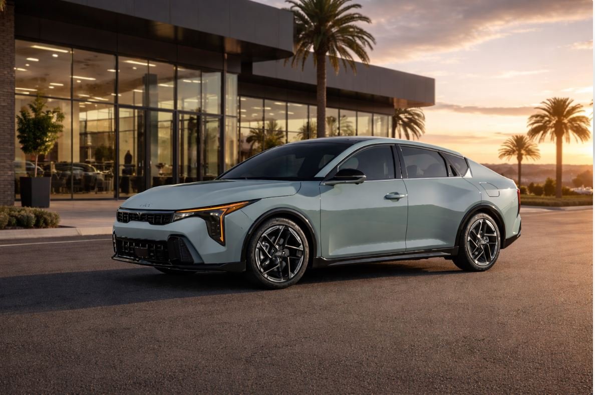 Kia K4 sedán de color verde claro estacionado en carretera abierta con diseño fastback y luces LED frontales