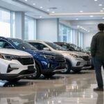 Persona observando varias SUV en concesionario mientras compara marcas chinas de autos en México