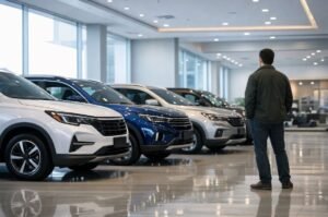 Persona observando varias SUV en concesionario mientras compara marcas chinas de autos en México