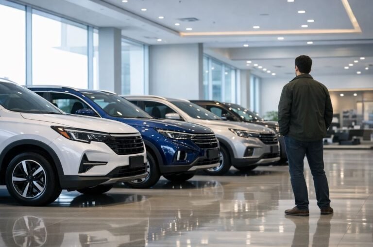 Persona observando varias SUV en concesionario mientras compara marcas chinas de autos en México