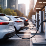 Autos eléctricos genéricos cargando en una estación moderna durante el crecimiento del mercado global de vehículos eléctricos