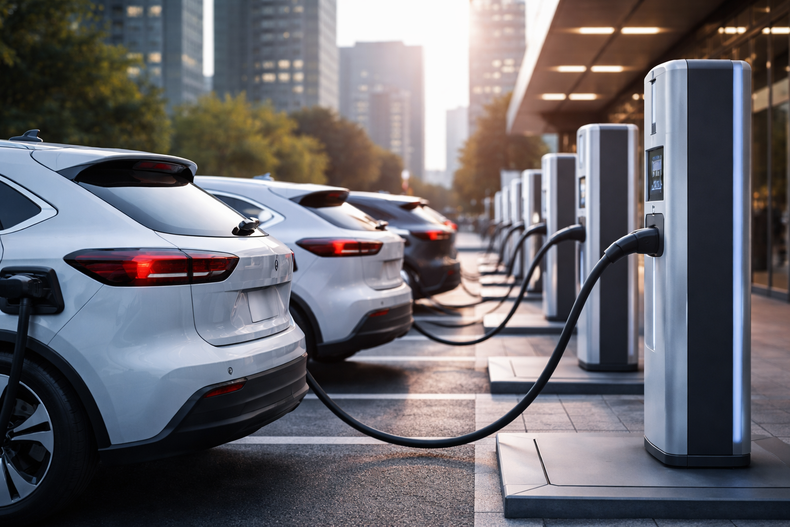 Autos eléctricos genéricos cargando en una estación moderna durante el crecimiento del mercado global de vehículos eléctricos