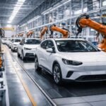 Línea de ensamblaje de autos eléctricos en fábrica moderna durante el crecimiento de la producción global de vehículos eléctricos
