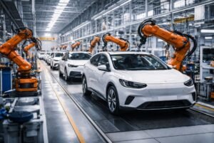 Línea de ensamblaje de autos eléctricos en fábrica moderna durante el crecimiento de la producción global de vehículos eléctricos