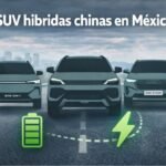 Collage de SUV híbridas chinas como Geely EX5 EM-i, Jetour T2 i-DM y Haval H6 Hybrid