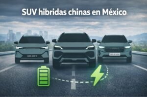 Collage de SUV híbridas chinas como Geely EX5 EM-i, Jetour T2 i-DM y Haval H6 Hybrid