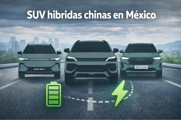 Collage de SUV híbridas chinas como Geely EX5 EM-i, Jetour T2 i-DM y Haval H6 Hybrid