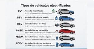 Infografía de tipos de vehículos electrificados EV BEV HEV PHEV MHEV FCEV y sus diferencias