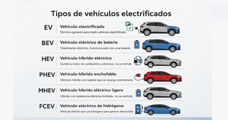 Infografía de tipos de vehículos electrificados EV BEV HEV PHEV MHEV FCEV y sus diferencias