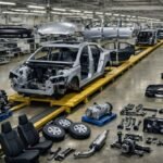 Auto en proceso de ensamblaje con piezas separadas en planta automotriz tipo CKD