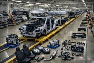 Auto en proceso de ensamblaje con piezas separadas en planta automotriz tipo CKD