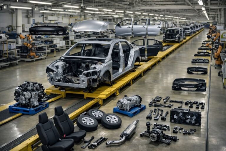 Auto en proceso de ensamblaje con piezas separadas en planta automotriz tipo CKD