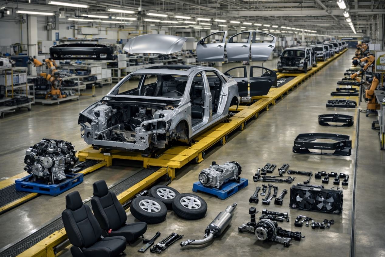 Auto en proceso de ensamblaje con piezas separadas en planta automotriz tipo CKD