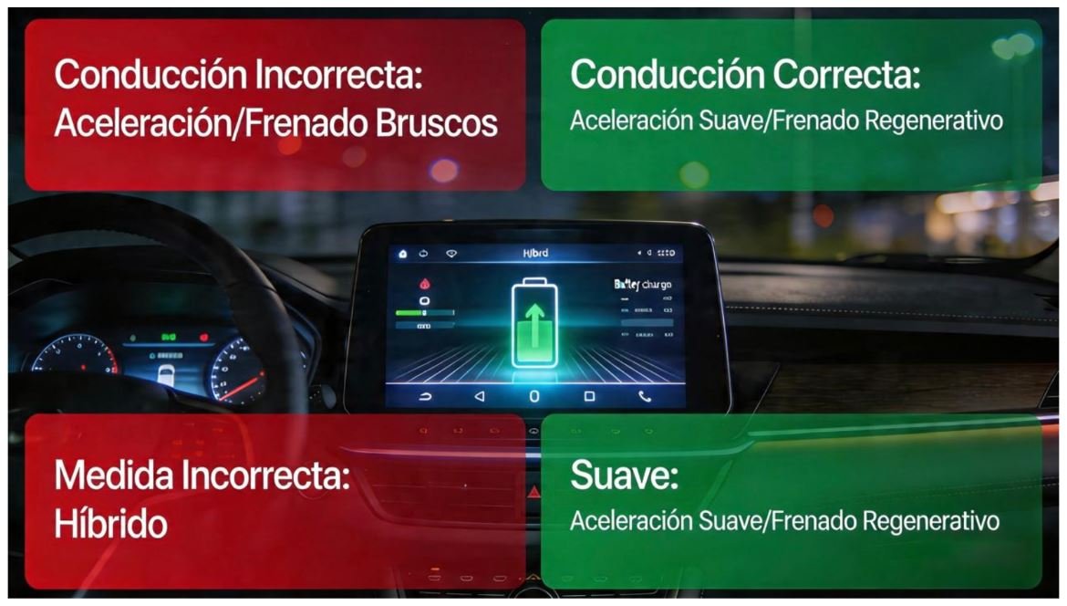 Infografía sobre cómo manejar un auto híbrido y mejorar la eficiencia de consumo