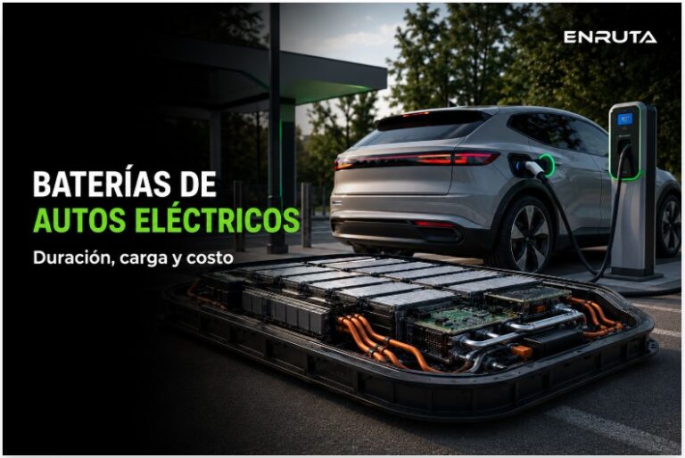 Paquete de baterías de un auto eléctrico junto a un vehículo conectado a un cargador