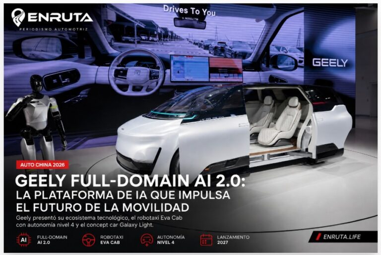 Robotaxi Eva Cab y plataforma Full-Domain AI 2.0 presentados por Geely durante Auto China 2026
