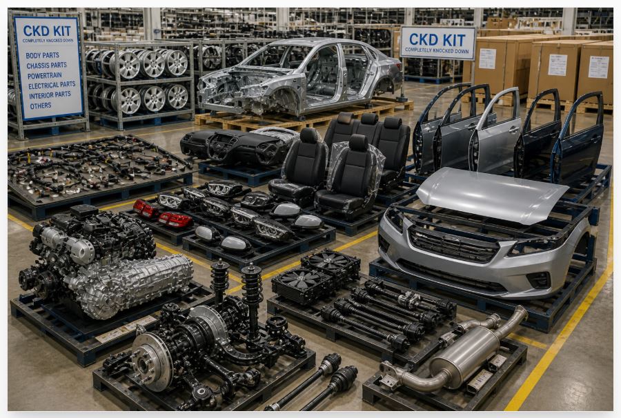 Componentes automotrices organizados en planta para ensamblaje tipo CKD