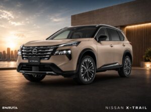 Nissan X-Trail 2027 en color arena con fondo urbano y branding de EnRuta