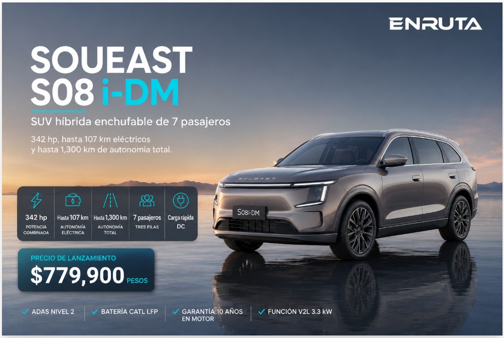 SOUEAST S08 i-DM con 342 hp, tres filas de asientos y autonomía total de hasta 1300 kilómetros