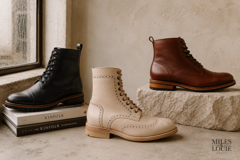 Colección de botas de piel Miles & Louie con construcción Goodyear Welt, ideal para la temporada de lluvias y el estilo de vida urbano.