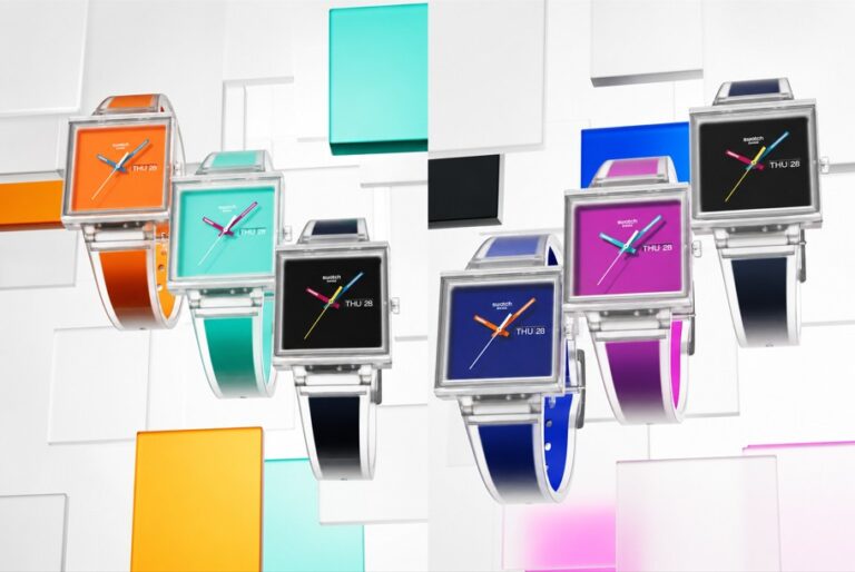 Swatch WHAT IF…JELLY? con cajas transparentes y diseño cuadrado.