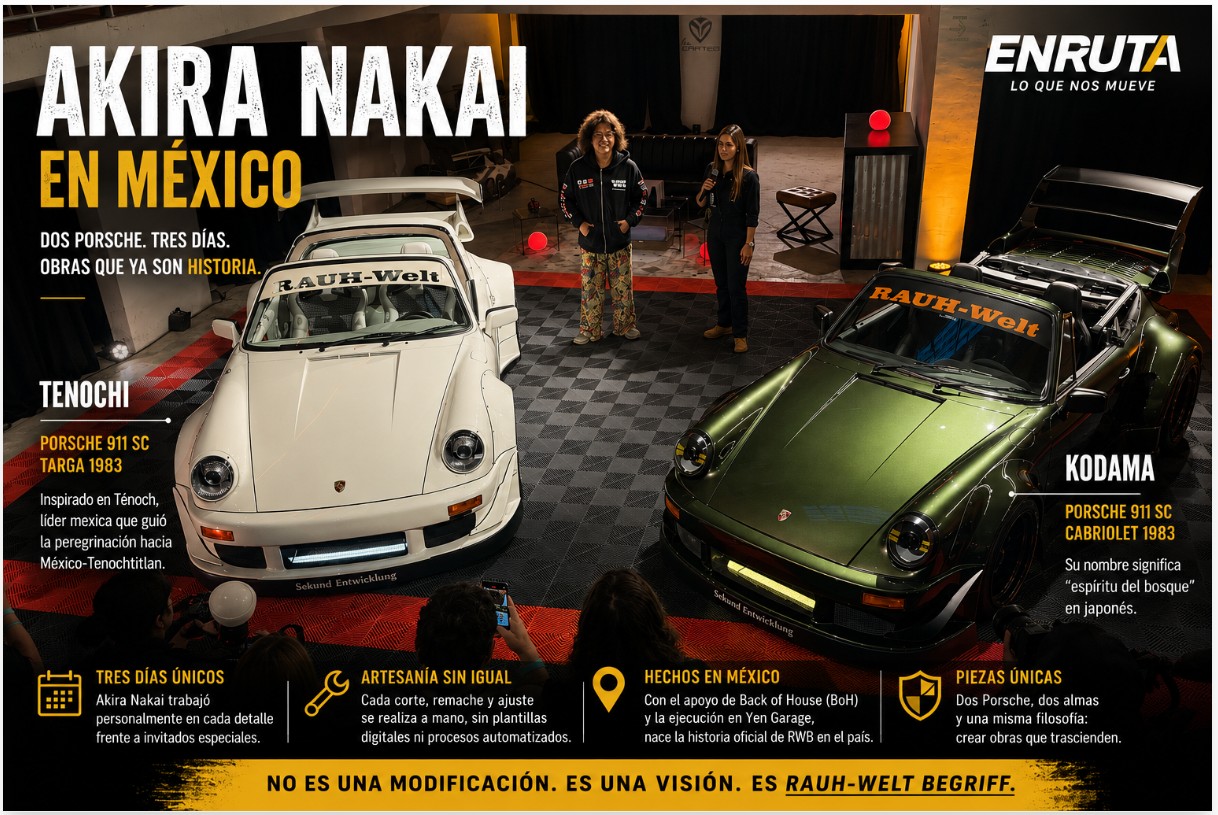 Akira Nakai junto a los Porsche RWB Tenochi y Kodama durante su presentación en Ciudad de México